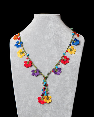 Crocheted Necklace with Pomegranate Motif - Multicolor