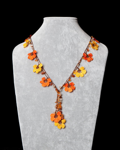 Crocheted Necklace with Pomegranate Motif - Orange and Yellow