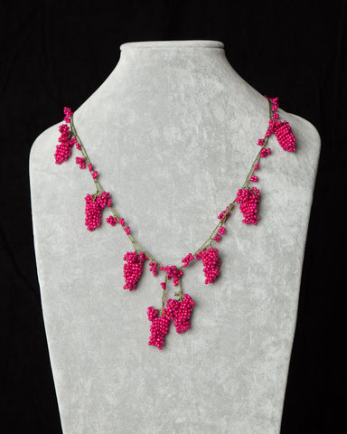 Beaded Necklace with Grape Motif - Hot Pink