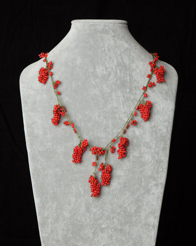 Beaded Necklace with Grape Motif - Coral