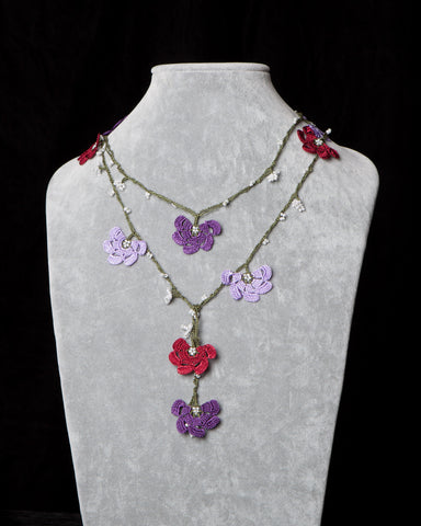 Lariat with Fan Motif -  Burgundy, Lilac and Purple