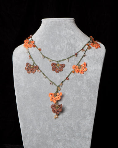 Lariat with Fan Motif -  Orange and Brown