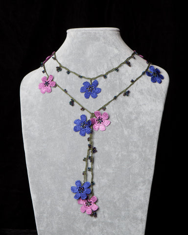 Lariat with Pomegranate Flowers - Pink and Blue