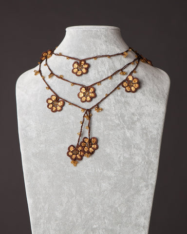 Lariat with Petunia Motif - Gold and Brown