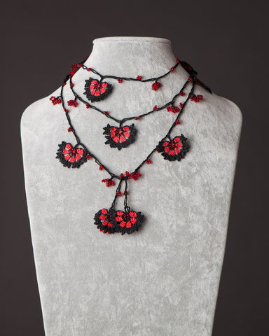 Lariat with Cornflower Motif - Red and Black
