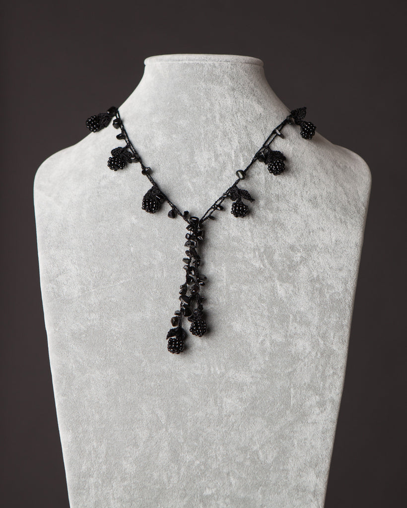 Beaded Necklace with Berry Motif - Black