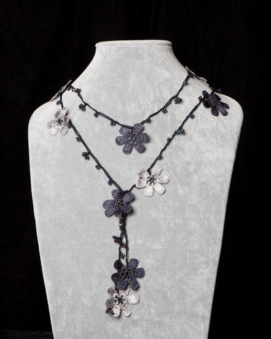 Lariat with Pomegranate Flowers - Charcoal and Silver