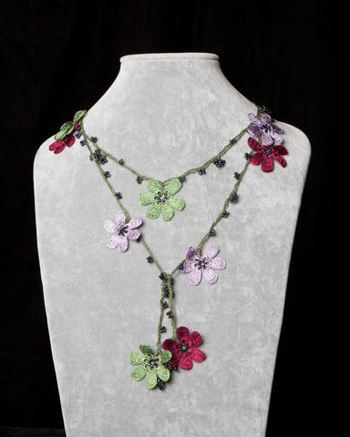 Lariat with Pomegranate Flowers - Lilac, Burgundy and Green