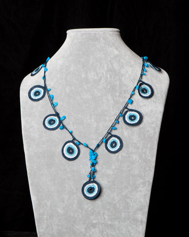 Crochet Necklace with Circle Motif - Evil Eye