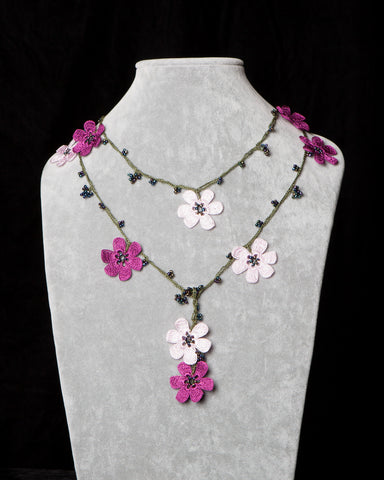 Lariat with Pomegranate Flowers - Pink and Fuchsia
