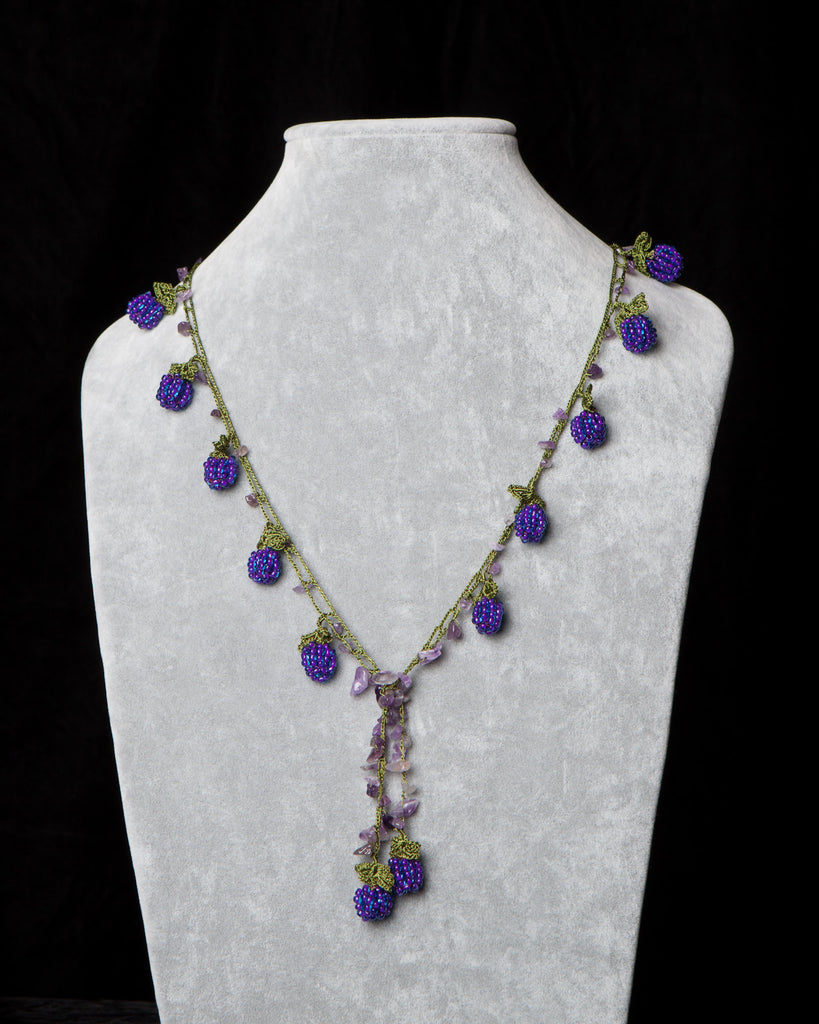 Beaded Necklace with Berry Motif - Purple