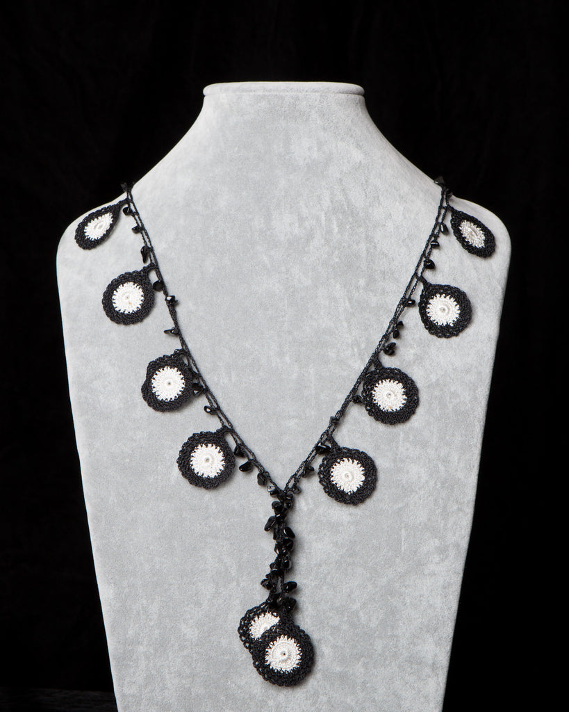 Crocheted Necklace with Circle Motif - Black and White