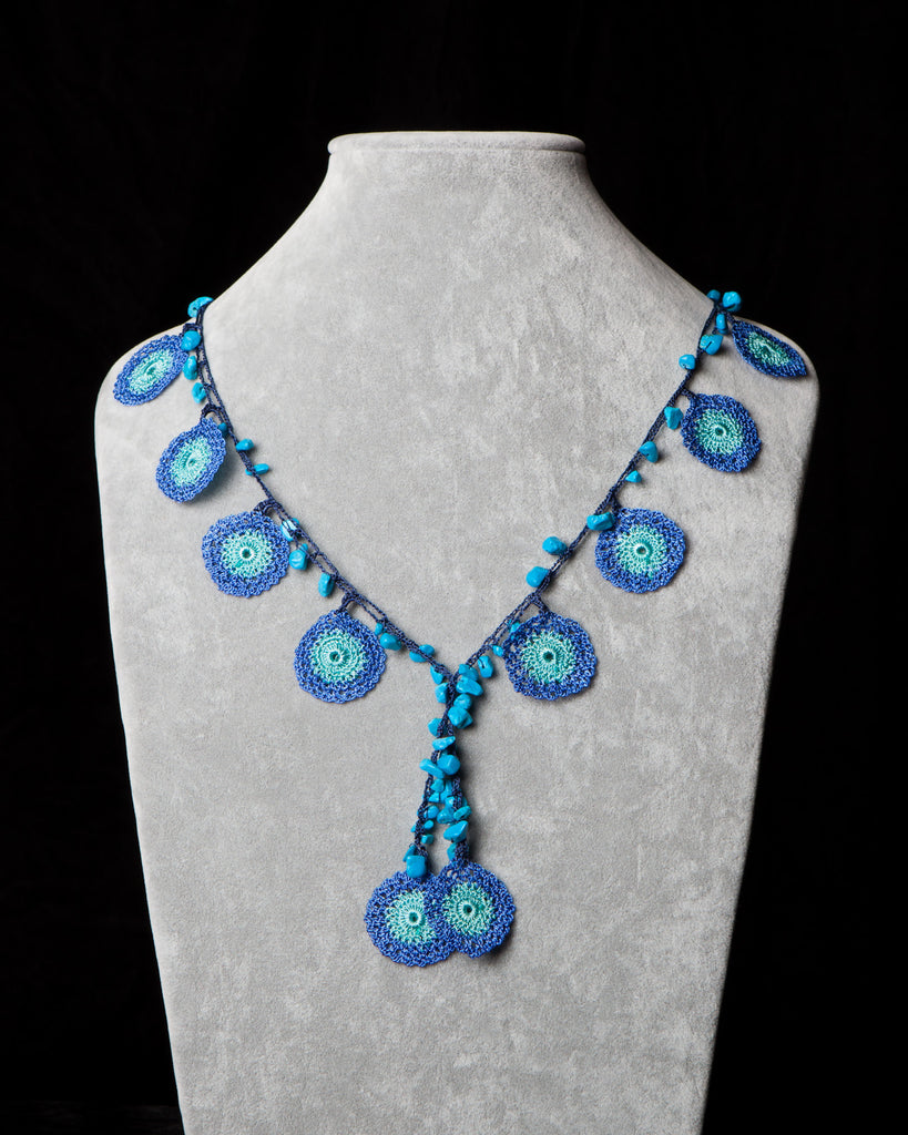 Crocheted Necklace with Circle Motif - Blue and Turquoise