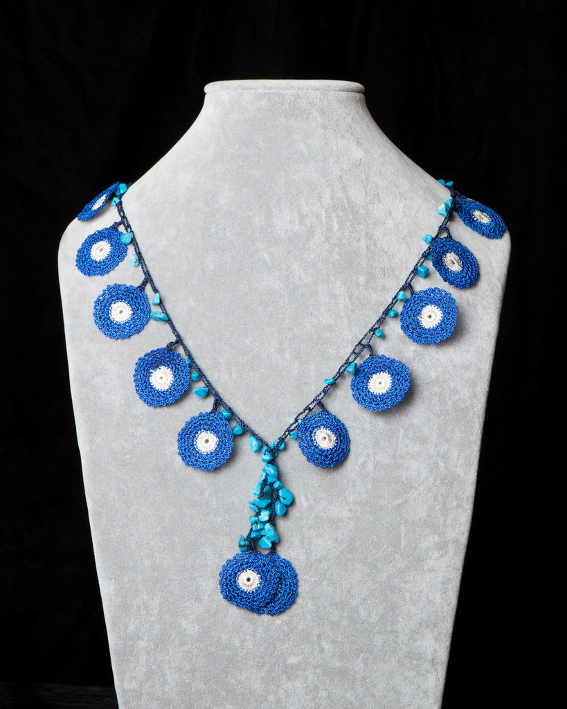 Crocheted Necklace with Circle Motif - Blue and White