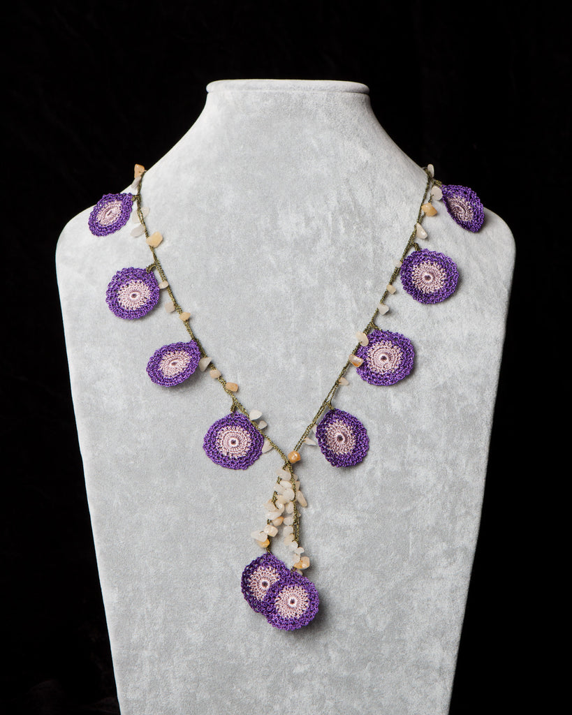 Crocheted Necklace with Circle Motif - Purple and Taupe