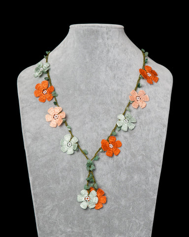 Crocheted Necklace with Daisy Motif - Burnt Orange, Green & Salmon