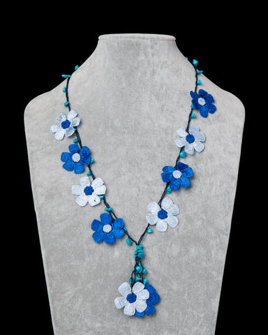 Crocheted Necklace with Daisy Motif - Indigo & Ice Blue