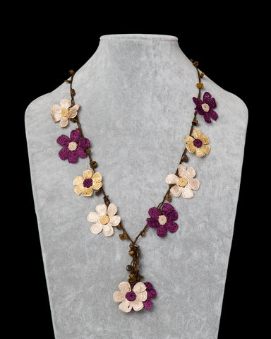 Crocheted Necklace with Daisy Motif - Plum & Beige