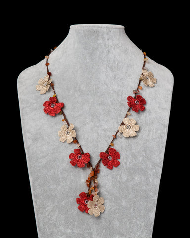Crocheted Necklace with Daisy Motif - Brick Red & Beige