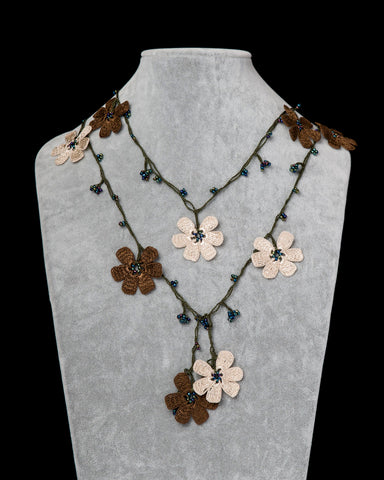 Lariat with Pomegranate Flowers - Beige & Brown