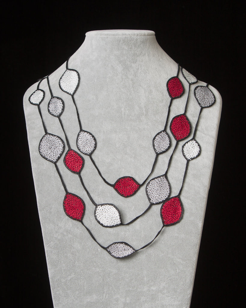 Oval Leaf Necklace - Black, White, Red & Silver