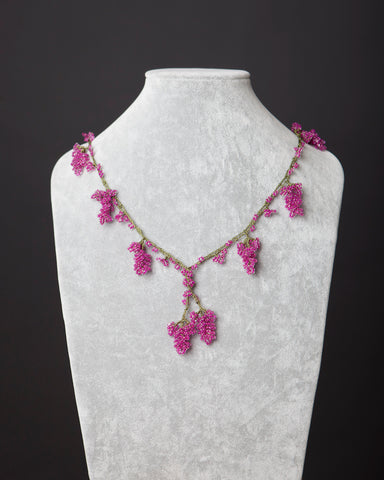 Beaded Necklace with Grape Motif - Raspberry