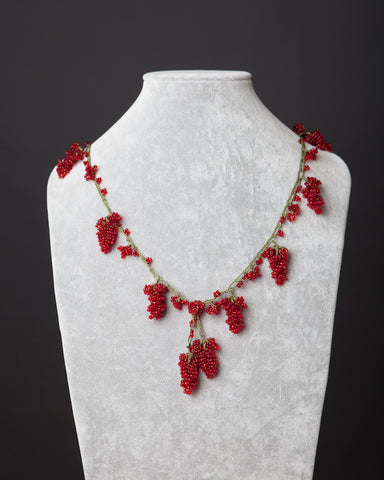 Beaded Necklace with Grape Motif - Red