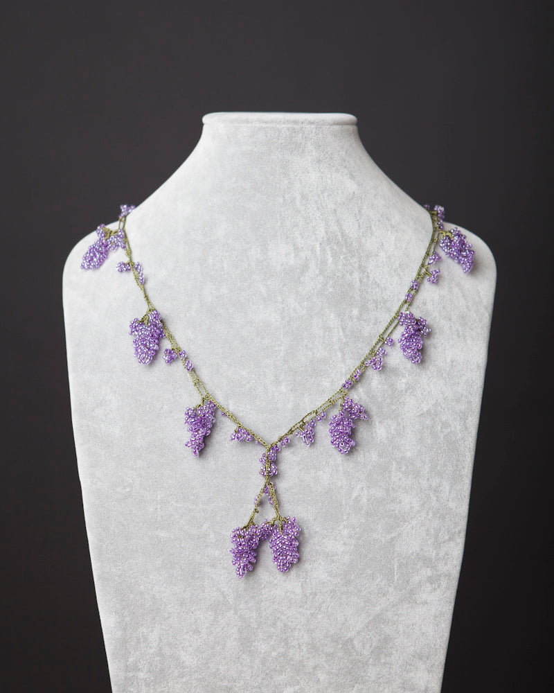 Beaded Necklace with Grape Motif - Lavender