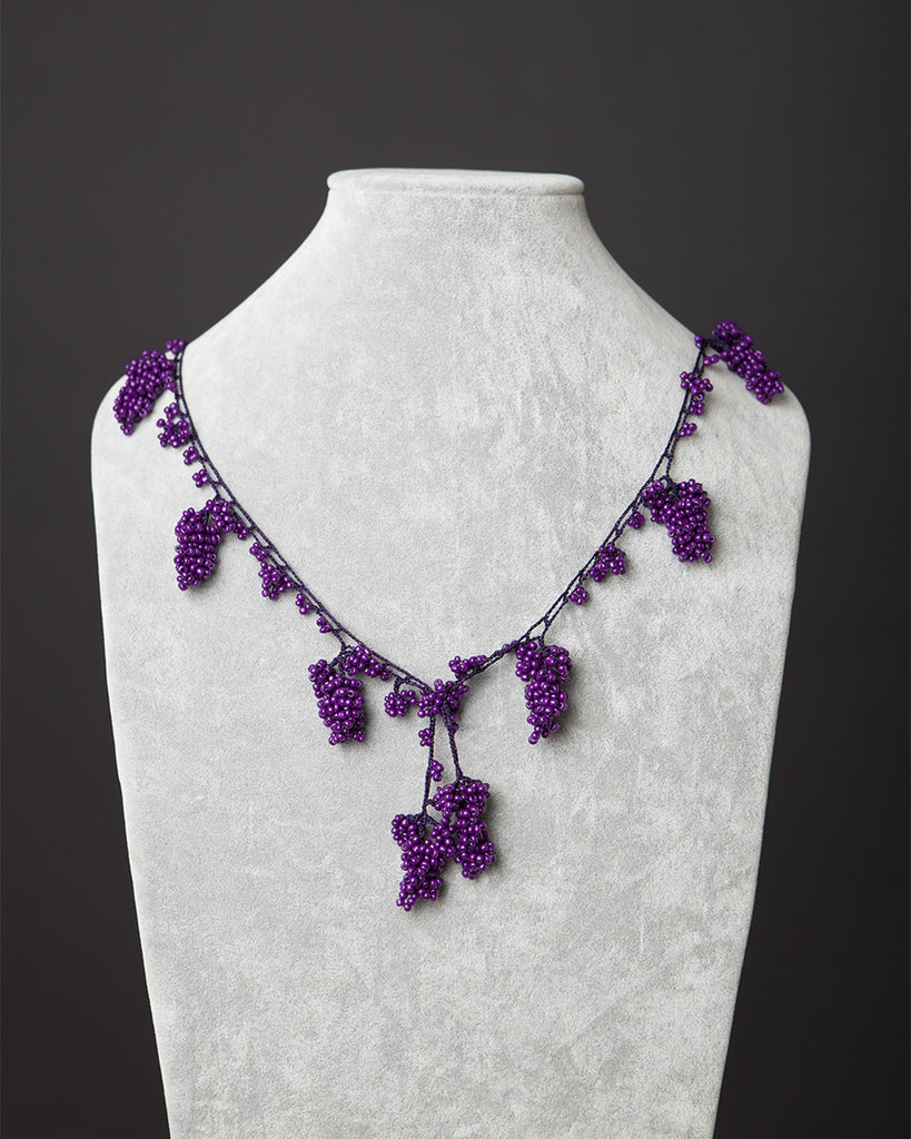 Beaded Necklace with Grape Motif - Purple