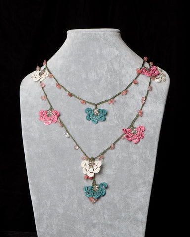 Lariat with Fan Motif -  Teal and Rose