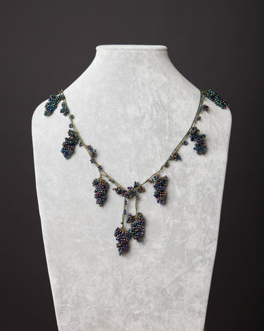 Beaded Necklace with Grape Motif - Blackberry